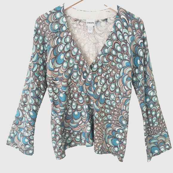 Chicos Sweater Cardigan 0 / S Blue Peacock Shimmer One Button - Picture 1 of 8
